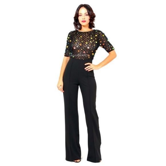 Callie Coin: Feathered Sequin Furry Knit Jumpsuit S M L - Picture 5 of 17